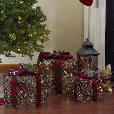 Northlight 3 pc LED Rustic Rattan Christmas Gift Boxes Set
