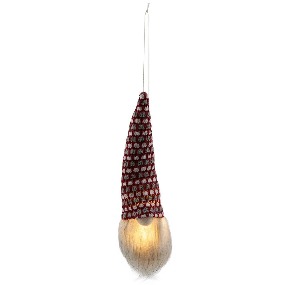 Northlight 8" Lighted Red White and Gray Knit Gnome Head Christmas Ornament