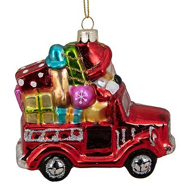 Northlight Red Fire Truck with Santa and Presents Glass Christmas Ornament