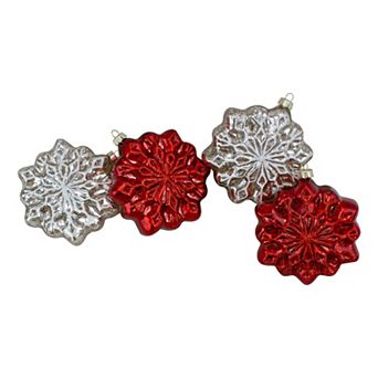 Northlight Red and Silver Glass Snowflake Hanging Christmas Decorations