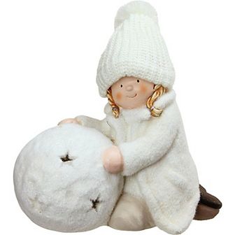 Northlight 12.5" Snowball with Kneeling Girl Christmas Tealight Candle Holder