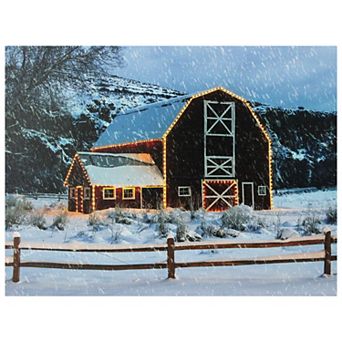 Northlight LED Fiber Optic Snowy Red Barn Christmas Canvas Wall Art