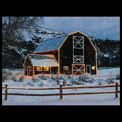 Northlight LED Fiber Optic Snowy Red Barn Christmas Canvas Wall Art