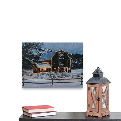 Northlight LED Fiber Optic Snowy Red Barn Christmas Canvas Wall Art