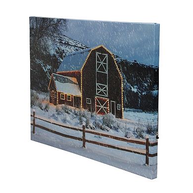 Northlight LED Fiber Optic Snowy Red Barn Christmas Canvas Wall Art