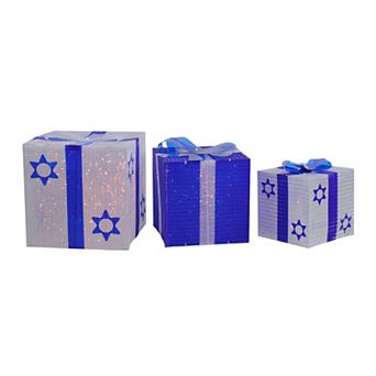 Northlight 3 pc White and Blue Shimmering Lighted Hanukkah Gift Box Set