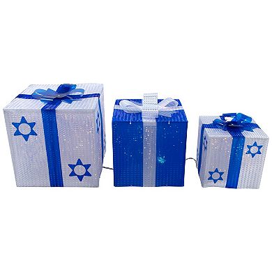 Northlight 3-Piece White and Blue Shimmering Lighted Hanukkah Gift Box Set