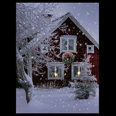 Northlight LED Fiber Optic Lighted Red Snowy Barn House Christmas Wall Art