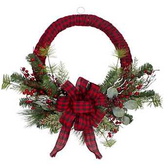 Northlight Red and Black Buffalo Plaid and Berry 24-Inch Unlit Artificial Christmas Wreath