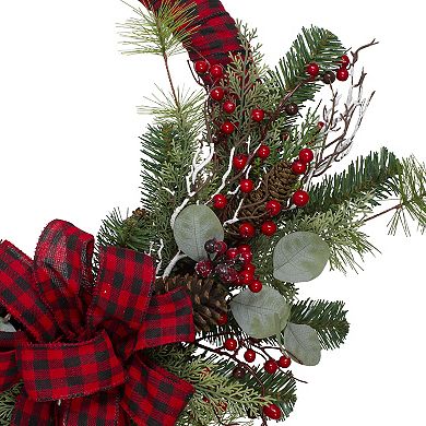 Northlight Red and Black Buffalo Plaid and Berry 24-Inch Unlit Artificial Christmas Wreath