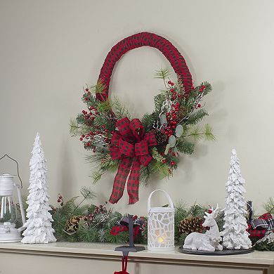 Northlight Red and Black Buffalo Plaid and Berry 24-Inch Unlit Artificial Christmas Wreath