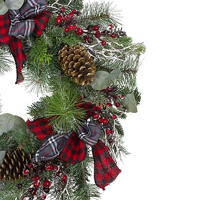 Northlight 24" Dual Plaid and Berries Unlit Artificial Christmas Wreath