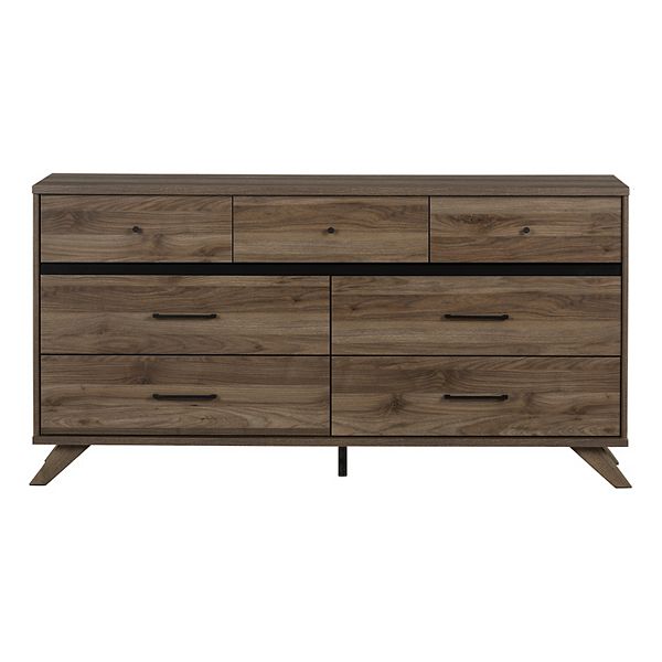 Flam 7 Drawer Double Dresser Natural Walnut/Matte Black - South Shore