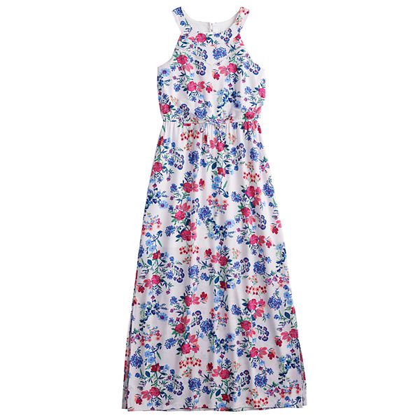 Girls 7-16 Three Pink Hearts U-Neck Floral Maxi Dress in Regular & Plus