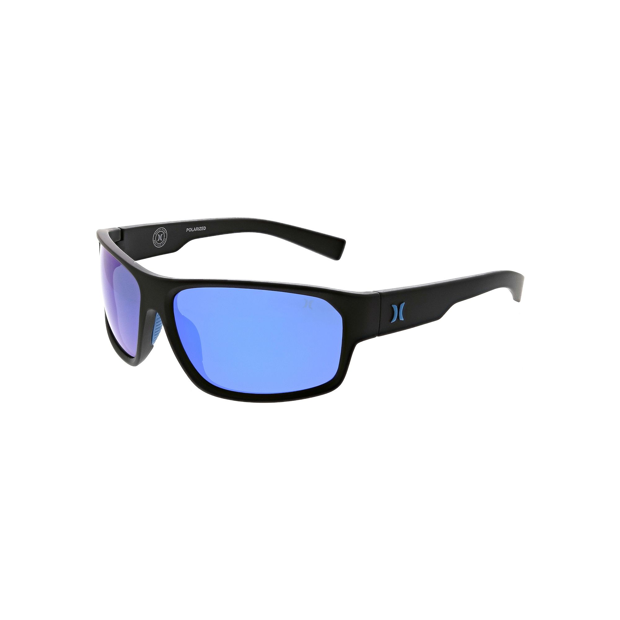 Mens Hurley Blackout 64mm Wrap Polarized Sunglasses, Matte Black Blue
