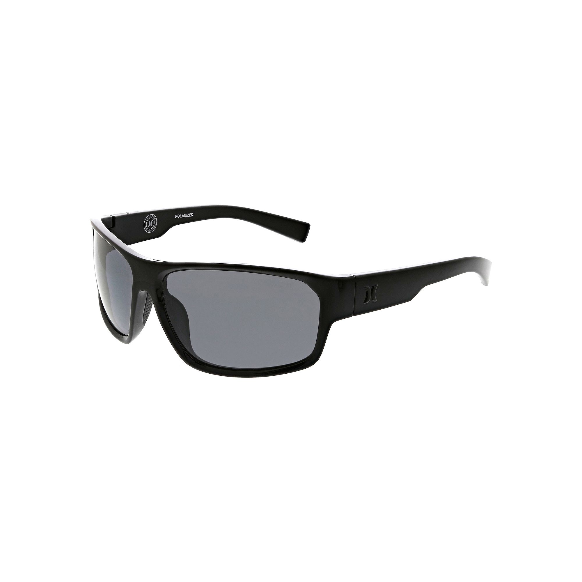 Mens Hurley Blackout 64mm Wrap Polarized Sunglasses, Shiny Black