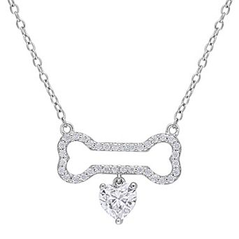 Stella Grace Sterling Silver 5/8 Carat T.W. Lab-Created Moissanite Dog Bone with Hanging Heart Necklace