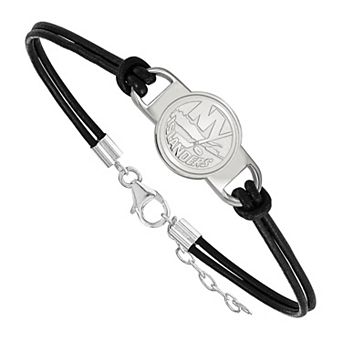 LogoArt New York Islanders Sterling Silver Logo Black Leather Bracelet