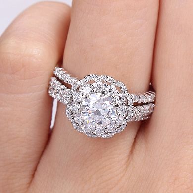 Stella Grace Sterling Silver 2 1/4 Carat T.W. Lab-Created Moissanite Halo Engagement Ring Set