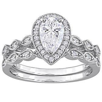 Stella Grace Sterling Silver 1 1/6 Carat T.W. Lab-Created Moissanite Teardrop Halo Engagement Ring Set