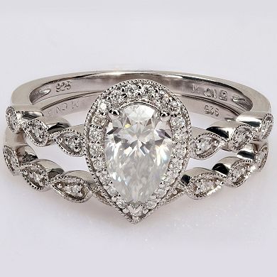 Stella Grace Sterling Silver 1 1/6 Carat T.W. Lab-Created Moissanite Teardrop Halo Engagement Ring Set