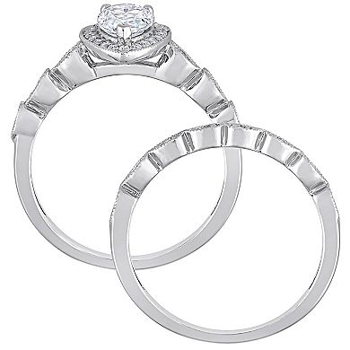 Stella Grace Sterling Silver 1 1/6 Carat T.W. Lab-Created Moissanite Teardrop Halo Engagement Ring Set