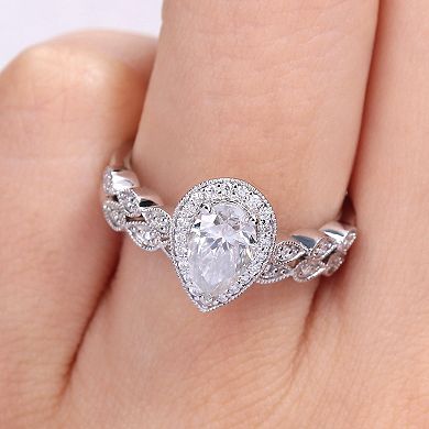 Stella Grace Sterling Silver 1 1/6 Carat T.W. Lab-Created Moissanite Teardrop Halo Engagement Ring Set