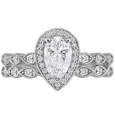 Stella Grace Sterling Silver 1 1/6 Carat T.W. Lab-Created Moissanite Teardrop Halo Engagement Ring Set