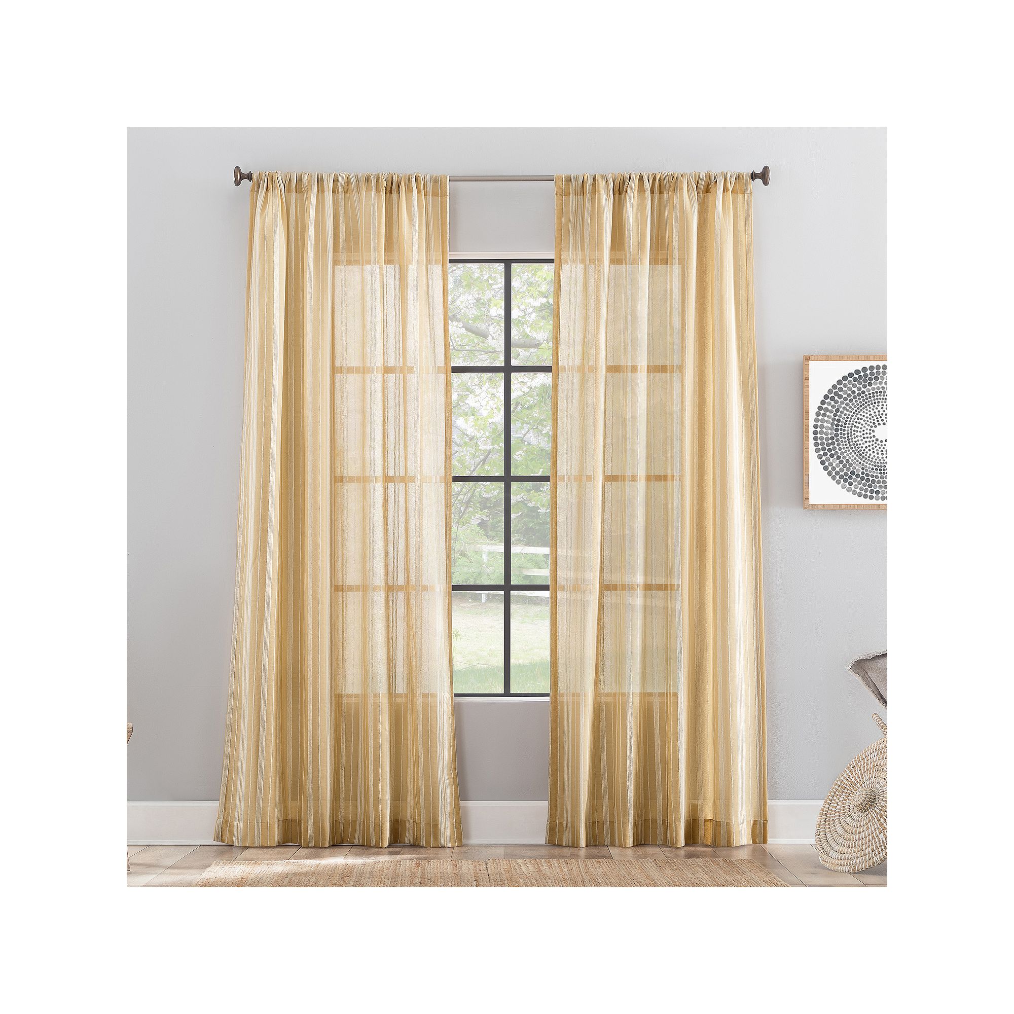 Archaeo Embroidered Stripe Linen Blend Semi-Sheer Rod Pocket Window Curtain