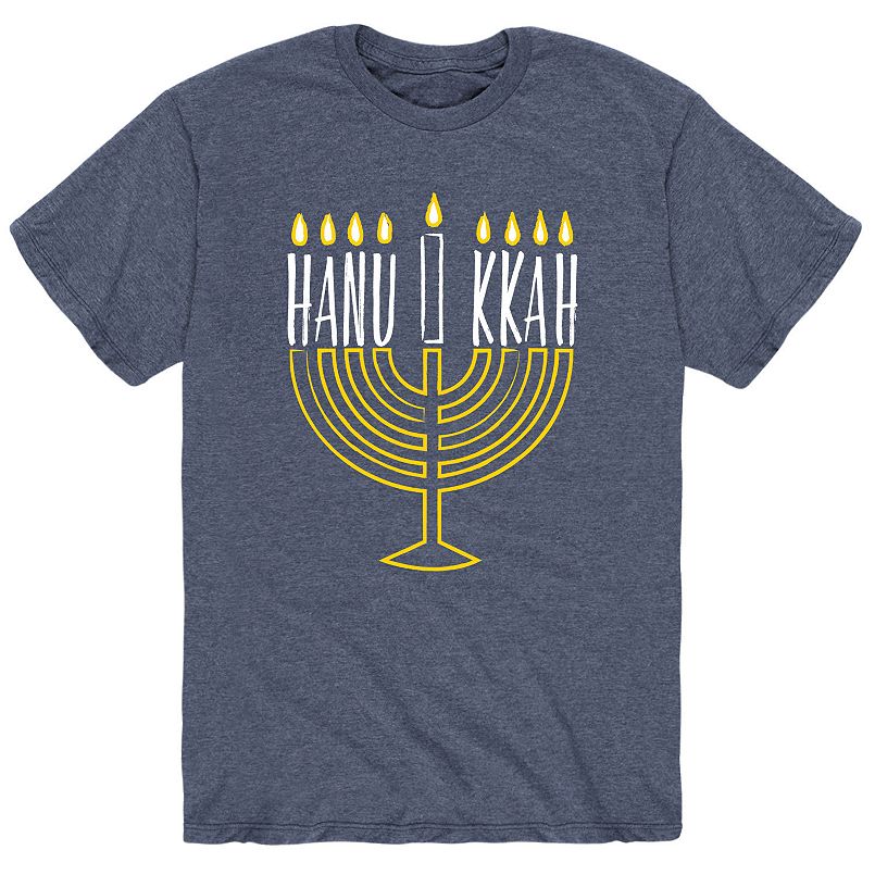 A blue shirt with a yellow menorah and white text