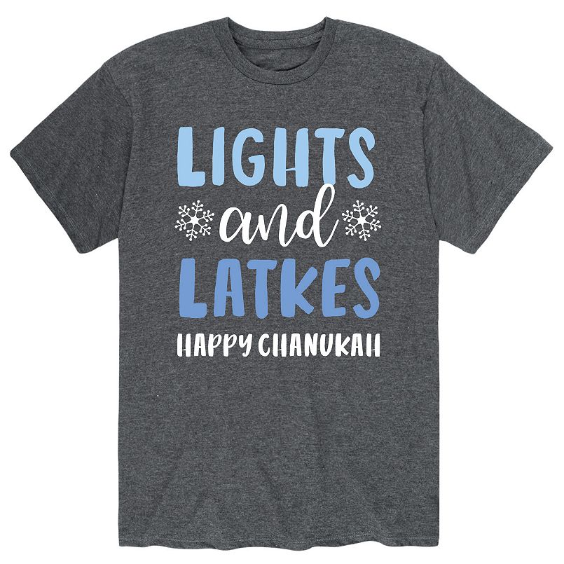 A gray T-shirt with blue and white text and snowflakes on it