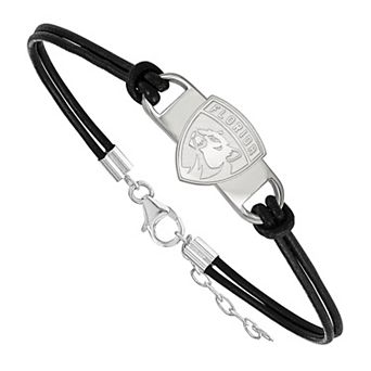 LogoArt Sterling Silver Florida Panthers Logo Black Leather Bracelet