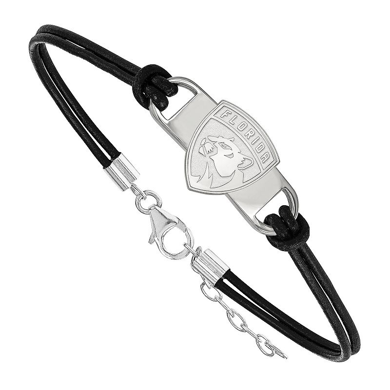 LogoArt Sterling Silver Florida Panthers Logo Black Leather Bracelet, Wome