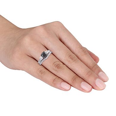 Stella Grace 10k White Gold 7/8 Carat T.W. Black & White Diamond & Created White Sapphire Engagement Ring Set