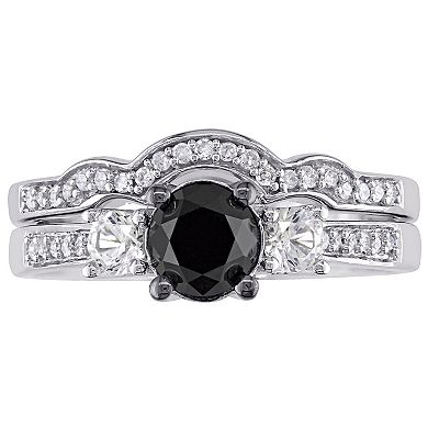 Stella Grace 10k White Gold 7/8 Carat T.W. Black & White Diamond & Created White Sapphire Engagement Ring Set