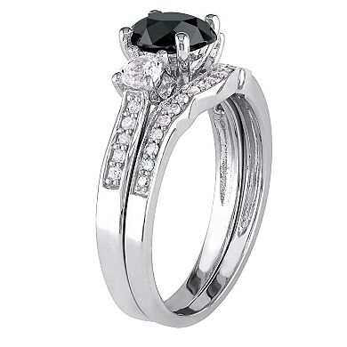 Stella Grace 10k White Gold 7/8 Carat T.W. Black & White Diamond & Created White Sapphire Engagement Ring Set