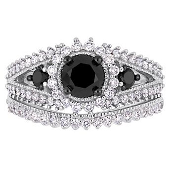 Stella Grace 10k White Gold 2 Carat T.W. Black & White Diamond Halo Engagement Ring Set