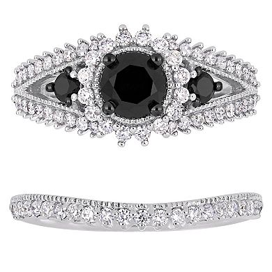 Stella Grace 10k White Gold 2 Carat T.W. Black & White Diamond Halo Engagement Ring Set