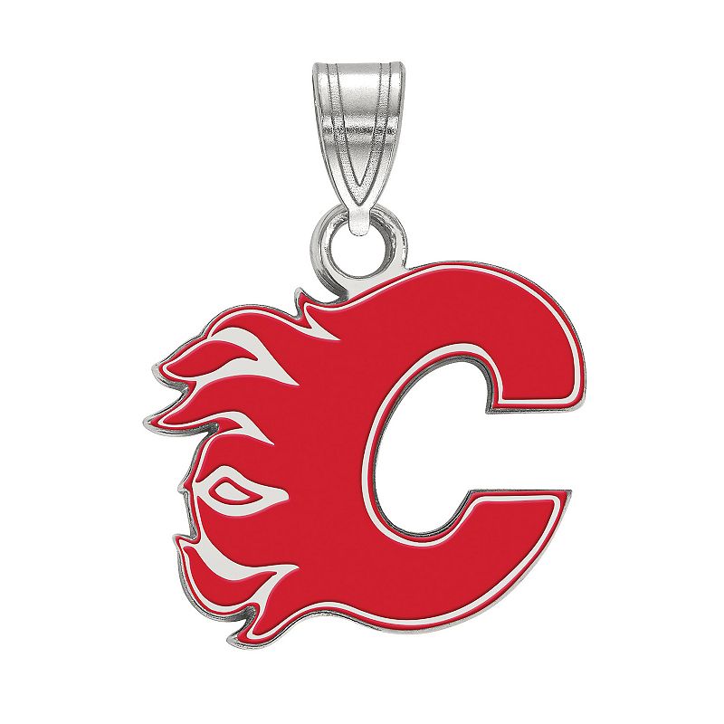 LogoArt Calgary Flames Sterling Silver Small Enamel Pendant, Womens, Size: