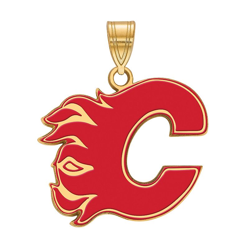 LogoArt Calgary Flames Sterling Silver Large Enamel Pendant, Womens, Size: