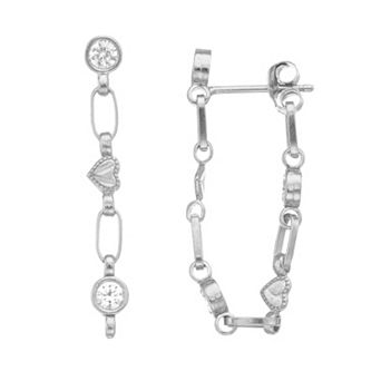 Kristen Kesho Sterling Silver Lab-Created White Sapphire Front-to-Back Heart Link Chain Hoop Earrings