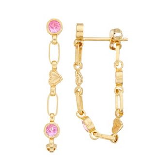 Kristen Kesho Sterling Silver Lab-Created Pink Sapphire Front-to-Back Heart Link Chain Hoop Earrings