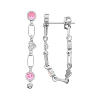 Kristen Kesho Sterling Silver Lab-Created Pink Sapphire Front-to-Back Heart Link Chain Hoop Earrings