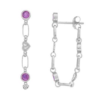 Kristen Kesho Sterling Silver Lab-Created Amethyst Front-to-Back Heart Link Chain Hoop Earrings