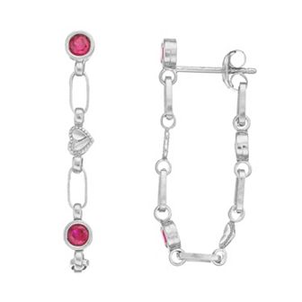 Kristen Kesho Sterling Silver Lab-Created Ruby Front-to-Back Heart Link Chain Hoop Earrings