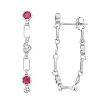 Kristen Kesho Sterling Silver Lab-Created Ruby Front-to-Back Heart Link Chain Hoop Earrings