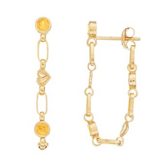 Kristen Kesho Sterling Silver Lab-Created Yellow Sapphire Front-to-Back Heart Link Chain Hoop Earrings