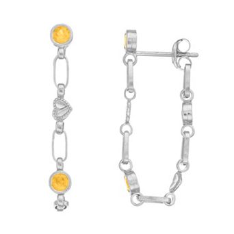 Kristen Kesho Sterling Silver Lab-Created Yellow Sapphire Front-to-Back Heart Link Chain Hoop Earrings