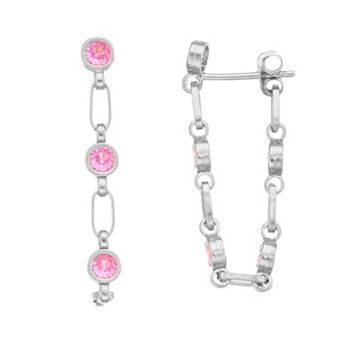 Kristen Kesho Sterling Silver Lab-Created Pink Sapphire Front-to-Back Chain Hoop Earrings