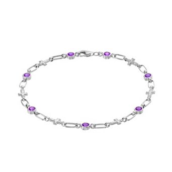 Kristen Kesho Sterling Silver Lab-Created Amethyst Cross Link Bracelet